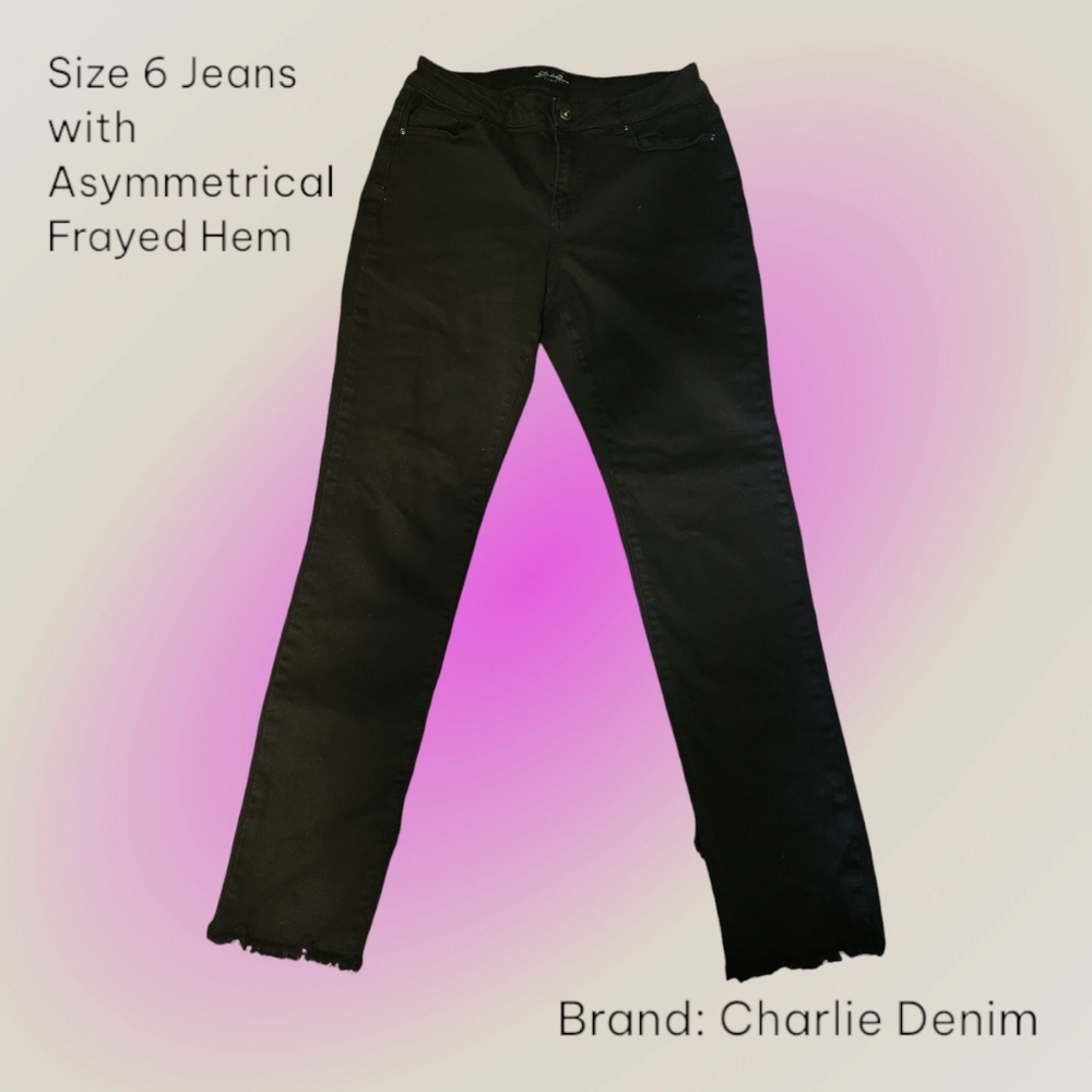 Size 6 Black Charlie Denim Skinny Straight with Asymmetrical Frayed Hem